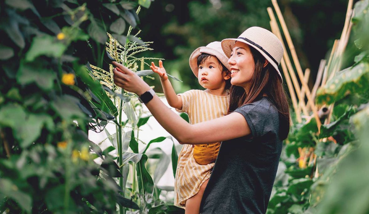 Mother with child in arms outside admiring plants